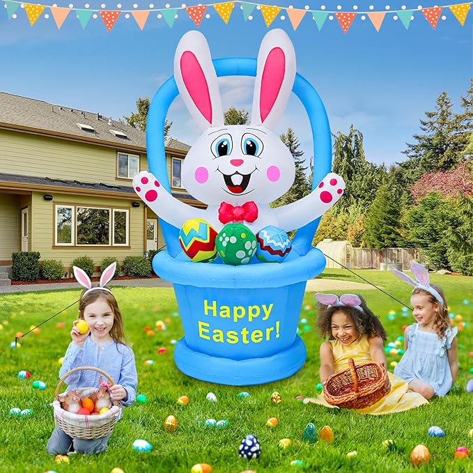 5 Ft Easter Inflatables Easter Decorations, Blow up Easter Decorations Outdoor with LED Lights Basket Light up Outdoor Easter Decor for Holiday Party Indoor Garden Lawn
