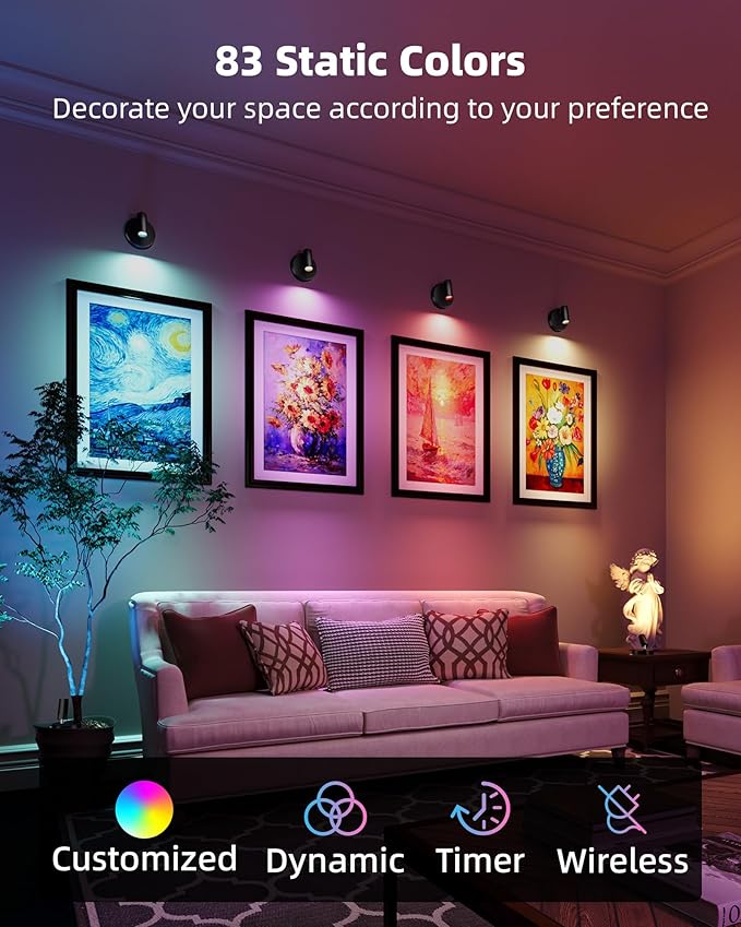 EZVALO RGB Spotlights Indoor with Remote, 5500mAh Rechargeable Picture Lights, DIY Mode & 83 Color Changing Uplighting, Wireless Mini Accent Lighting for Halloween and Christmas (2Pack-Black)