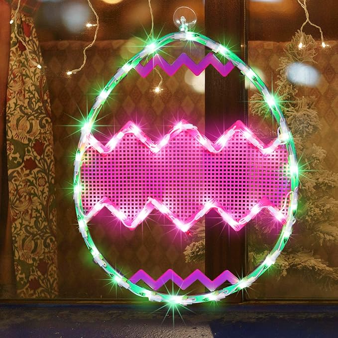 LAMPHOME 17" Lighted Green with Pink Chevron Stripe Easter Egg Window Silhouette