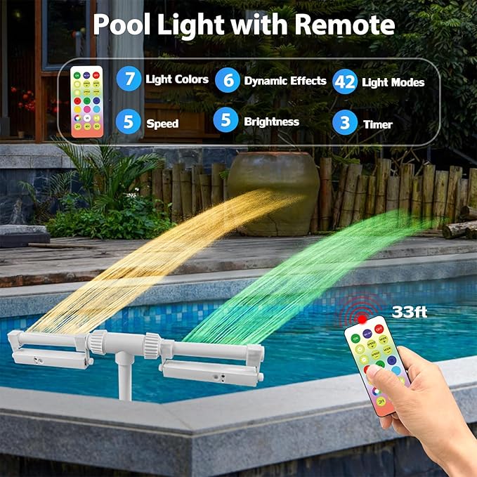 Solar Pool Fountain with Lights, 7 Color Changing Pool Light with Remote & Timer, Dimmable Dual-Head Adjustable Pool Sprinkler Waterfall Fountain, Pool Decor for Above-Ground In-Ground Pools (Solar)