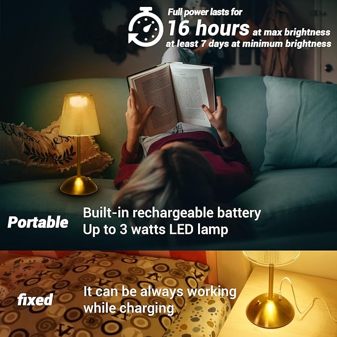 Cordless Table Lamp, 4000mAh Rechargeable Battery Operated Lamp, 3 Color Modes & Stepless Dimmable LED Touch Lamp, Portable Retro Metal Beside Lamps for Home Desk Bedroom Restaurant(Gold)
