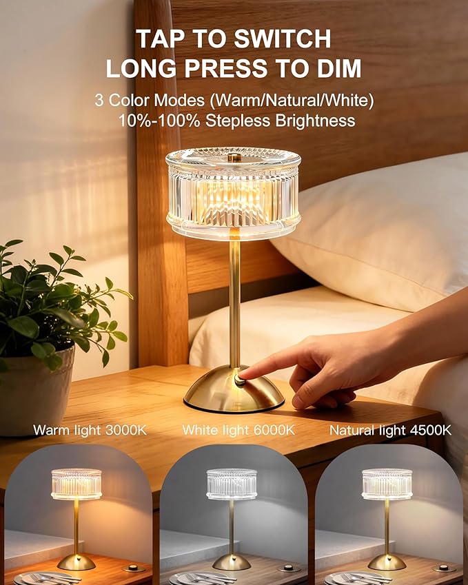 Cordless Table Lamp, Crystal Rechargeable Battery Operated Lamp, 3-Color Stepless Dimmable Touch Lamp, 2000mAh Portable LED Nightstand Lamp for Restaurant, Bedroom, Patio, Antique Bronze