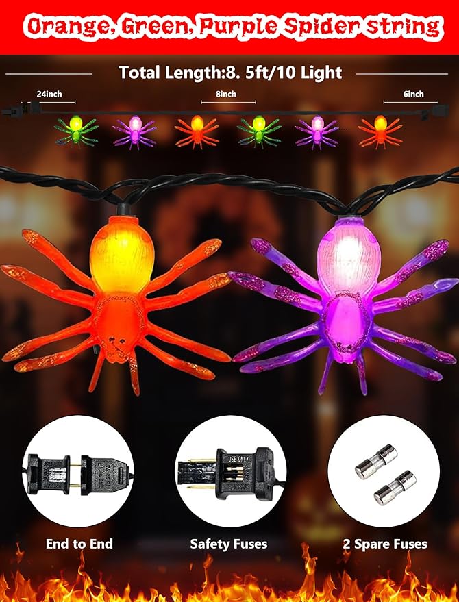 Halloween Spider String Lights Outdoor, 8.5FT Hanging Halloween String Lights with 10 LED Multicolor Spider Lights UL Listed for Outdoor Party Stair Bar House Garden Yard Decorations- Black Wire