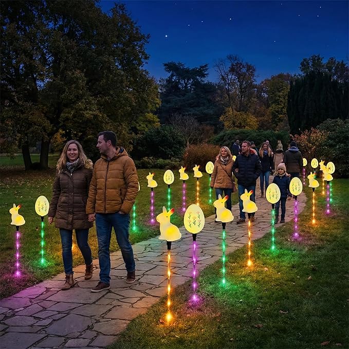 Easter Decorations Solar Pathway Lights, 6pcs Easter Bunny and Egg Lights with 8 Lighting Modes, Outdoor LED Colored Stake Lights for Lawn Yard Porch Patio Decoration (White - Rabbit+Egg)