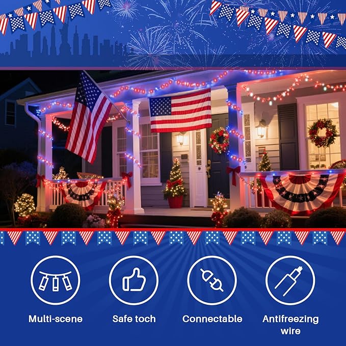 LAMPHOME Red White and Blue Patriotic String Lights, 66ft 200 LED Fairy Lights Plug in, 16 Modes 4th of July Lights Outdoor Waterproof for Independence Day Memorial Day Patriotic Window Decor