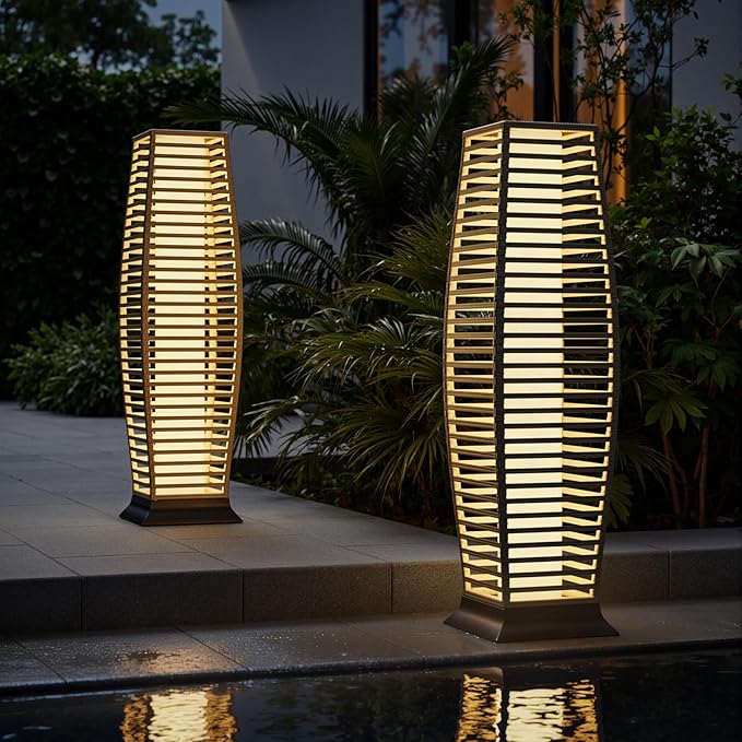 Rattan Outdoor Floor Lamp Set of 2, Boho Solar Porch Lights Outdoor Waterproof for Patio, Garden, Balcony & Deck, Natural (Horizontal)