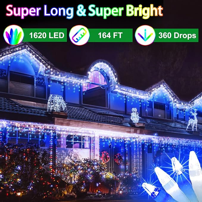 164FT 1620 LED Outdoor Christmas Lights - 360 Ice Drops, 12 Pro Modes with Timer Memory & Brightness, Waterproof Hanging Ice String Light for Holiday Wedding Garden Fence House Decor (White & Blue)