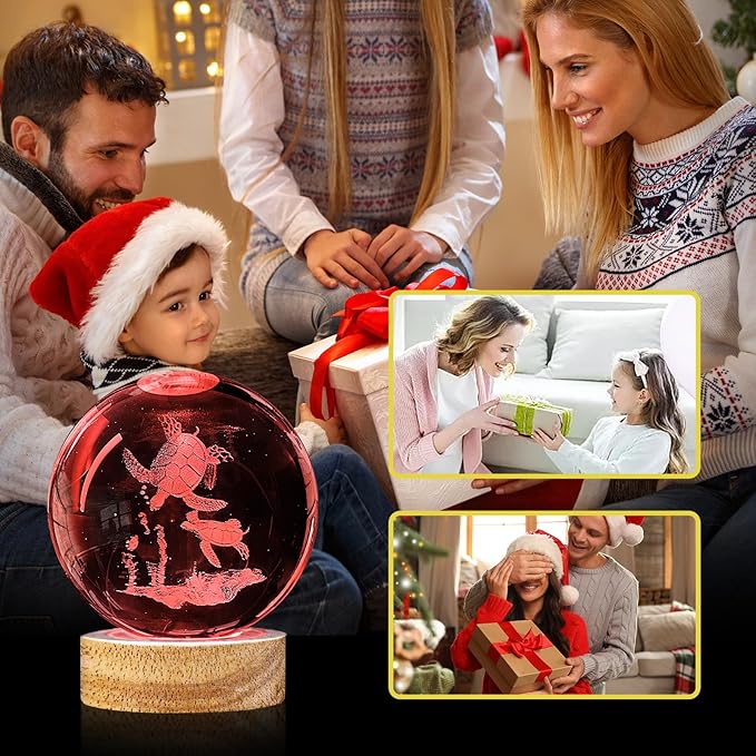 3D Sea Turtle Crystal Ball Night Light with Woodern Base, 3.15“ Sea Turtle Glass Ball Lamp 16 Colors with Remote Control Sea Turtle Figurines Cool Desk Decor Sea Turtle Gifts for Kids Friends Birthday