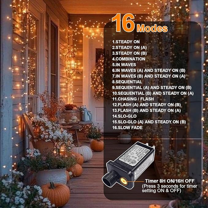 Orange Halloween String Lights Outdoor, Thanksgiving Mini Lights, 32.5FT 100 LED Waterproof Christmas Lights with 16 Lighting Modes for Garden Party Christmas Xmas Tree Lights Autumn Fall Decor