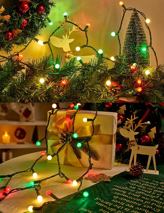 BOHON Christmas Lights Outdoor 24FT 70 LED G15 Red White and Green Globe String Lights Plug in with Pastel Bulb Green Wire for Indoor Patio Xmas Tree Garland Wreath Decor, Waterproof
