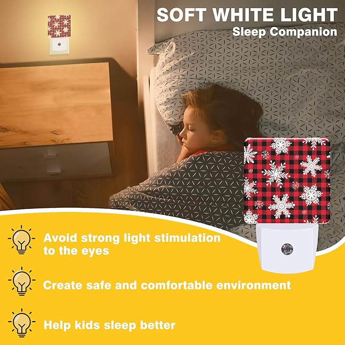 Christmas Snowflakes Night Light, Red and Black Checkered Plug-in Nightlight with Dusk to Dawn Auto Sensor for Home Bedroom Hallway Kitchen 0.5W Sleep Friendly Led Lamp for Women Men
