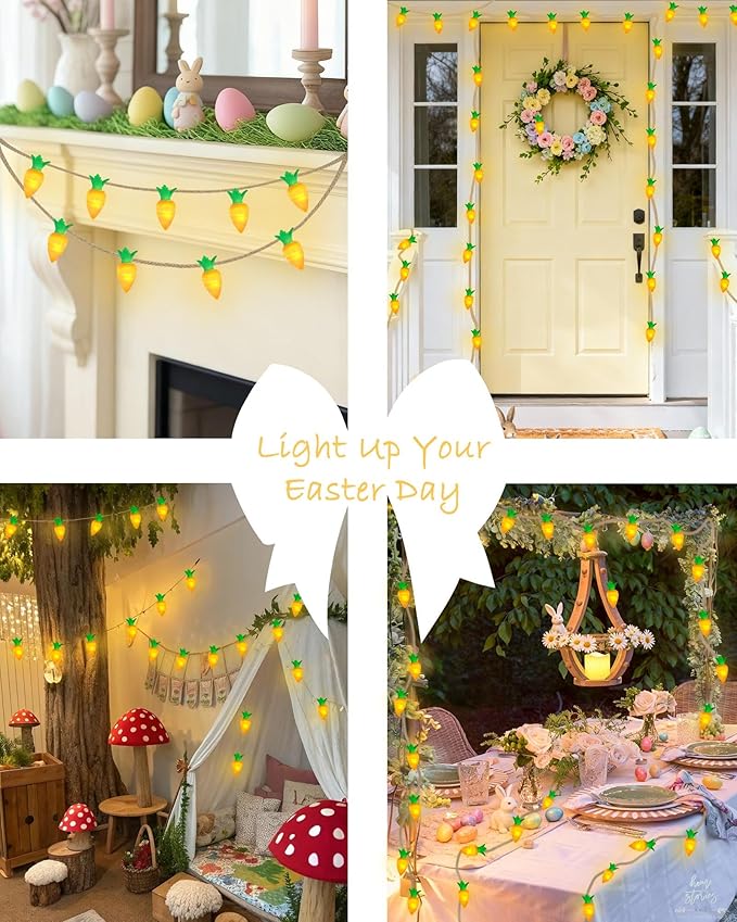 YIQU Easter Decoration String Lights, 10FT 12LED Indoor Carrot Mantel Garland Battery Operated with Remote Timer 8 Modes, Hemp Rope Banner for Fireplace Table Wall Spring Party Indoor Outdoor Decor