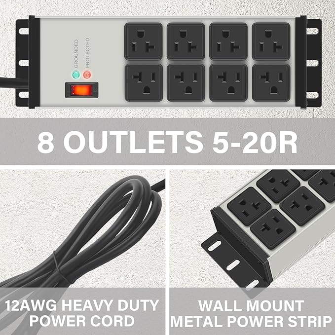 CCCEI Heavy Duty Power Strip Surge Protector 20 AMP, 8 Outlets 12 Gauge Industrial Shop Garage Metal Multiple Outlets, 15 FT Extension Cord 5-15P Adapter High Amp 6-20R T-Slot 20a for Appliance