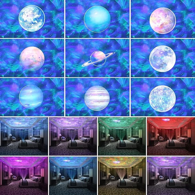 Lumoonosity Ocean Wave Projector – Water Light Projector for Bedroom, Kids Room Decor – Ocean Galaxy Night Light with Speaker - Starry Light with 9 Planet, Star, Water Wave Effect
