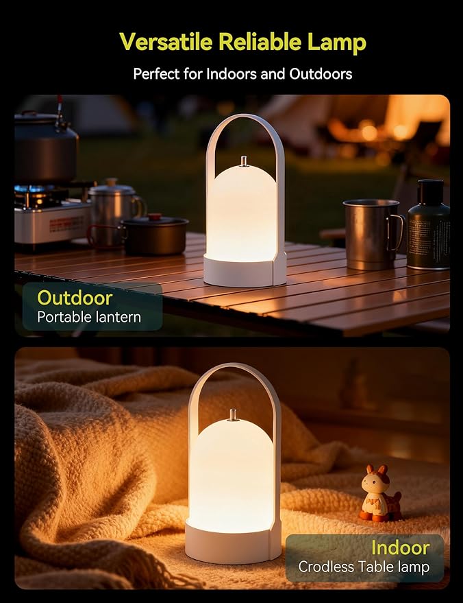 Tubicen Portable Lamp, Battery Operated Cordless Outdoor Table Lamps Rechargeable, 4-Level Touch Dimmable IP44 Shower Lamp, Night Light for Patio Camping Dining Room Bedroom (White, Regular)
