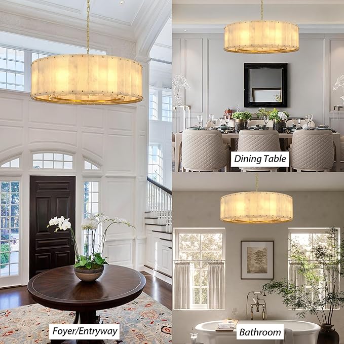 Alabaster Chandelier D32in Spanish Natural Marble Round Alabaster Chandeliers Adjustable,Modern Brass Living Room Chandelier,Gold Chandeliers for Dining Room,Bedroom,Bathroom,Foyer,E12 Bulbs Included