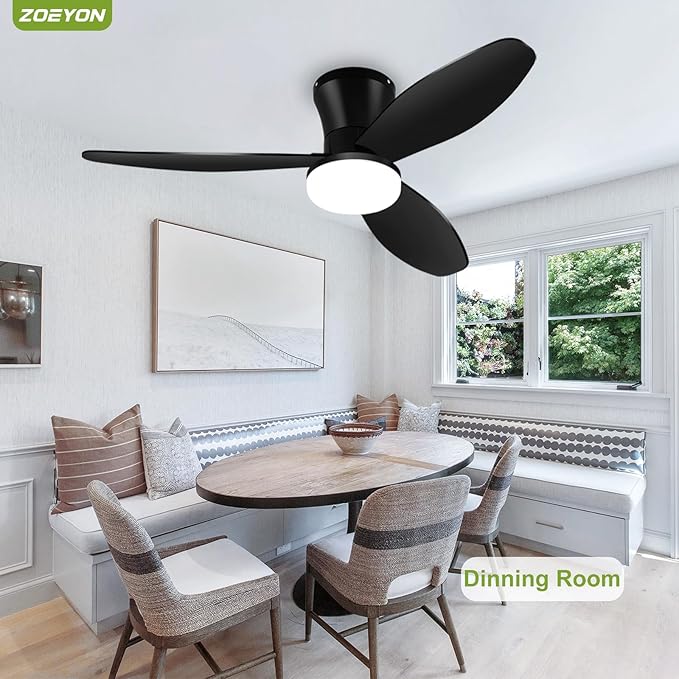 Small Ceiling Fan with Light - 42 Inch Flush Mount Ceiling Fan with Lights and Remote, Low Profile Ceiling Fans with 3 Reversible Blades, 6 Wind Speeds, Black Ceiling Fans for Bedroom