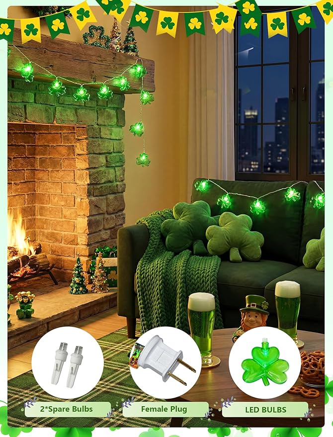 LED Shamrock String Light, 8.5Ft Clover String Light with 10 3D Green Clover Lights,Outdoor Irish Shamrock St Patrick's Day String Lights for Indoor Outdoor St. Patrick's Day Party Irish Holiday Decor