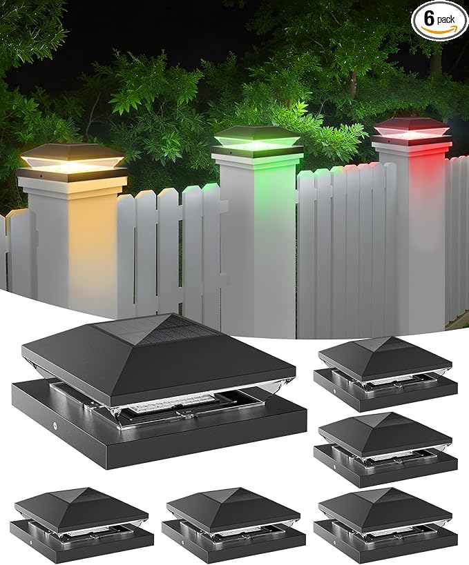 T-SUN Solar Post Cap Lights Outdoor 6 Pack, 2 Modes LED Fence Post Solar Lights Fit for 4x4 5x5 6x6 Vinyl/Wooden Posts, Waterproof Deck Post Lights Solar Powered for Garden Patio Gate Porch