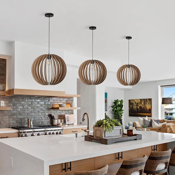 Vintage Wood Pendant Light Fixtures, Modern Farmhouse Walnut Dining Room Chandelier, Mid-Century Ceiling Mount Hanging Light Fixture for Kitchen, Bedroom, Living Room, Foyer, Art Decor, Black