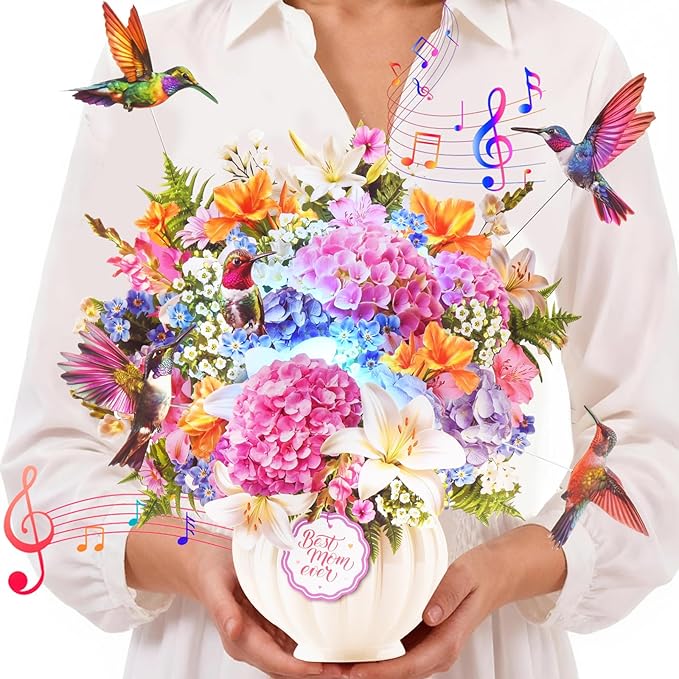 Pop Up Mothers Day Card with Music & Lights, 3D Pull-Out Flying Hummingbird Flower Bouquet Greeting Card, Elegant Floral Mom Keepsake Gift with Envelope for Mother Wife from Son Daughter Husband