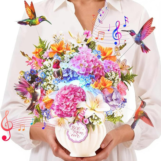Pop Up Mothers Day Card with Music & Lights, 3D Pull-Out Flying Hummingbird Flower Bouquet Greeting Card, Elegant Floral Mom Keepsake Gift with Envelope for Mother Wife from Son Daughter Husband