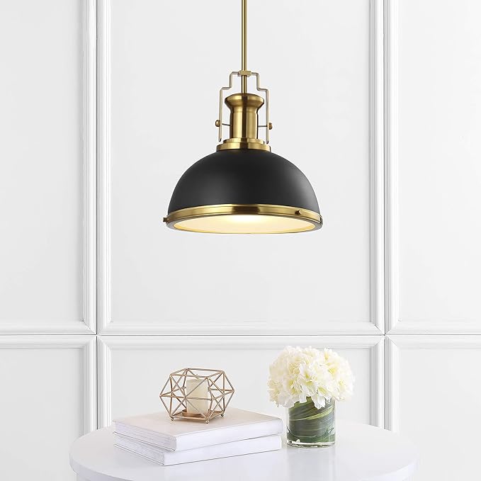 JONATHAN Y 13" Black/Brass Gold Modern Industrial Iron LED Dome Pendant Light, Adjustable Hanging Fixture for Kitchen Island or Entryway, Black Metal Shade, LED Bulb Included (JYL9536A)