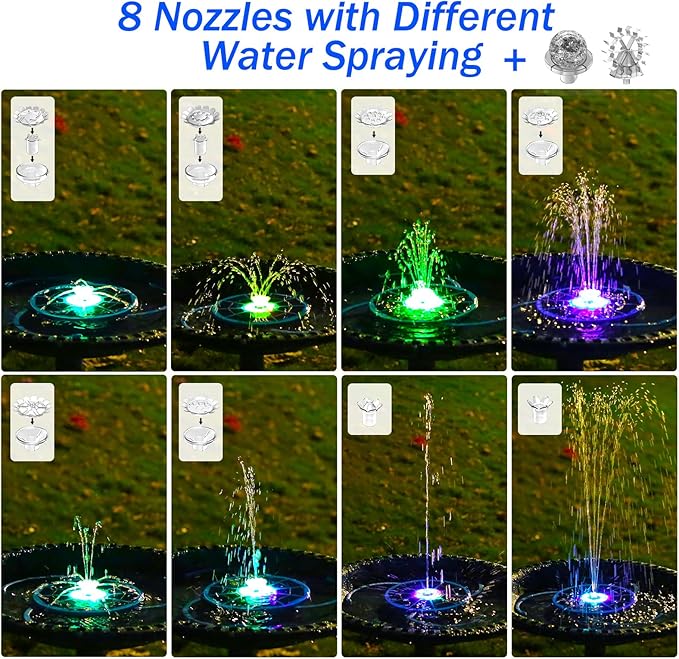 AISITIN 3.5W Solar Bird Bath Fountain with LED Colorful Lights & 3000mAh Battery, Solar Fountain Pump with 10 Nozzles, Solar Water Pump for Garden, Pond and Outdoor (Blue)