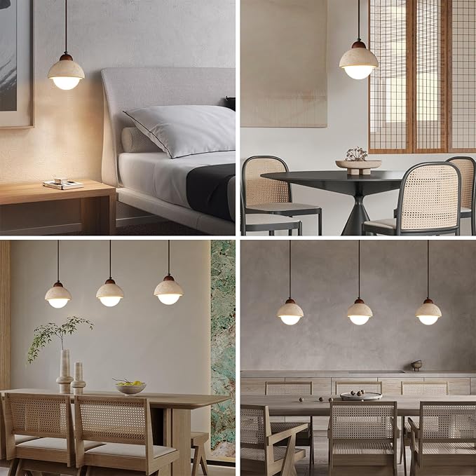 Nordic Natural Stone Shade Pendant Light Wabi Sabi Yellow Cave Stone Chandelier for Kitchen Island,Wood Suspension Lamp for Dining,Bedside,Entryway,Cafe,Restaurant(2-Pack)