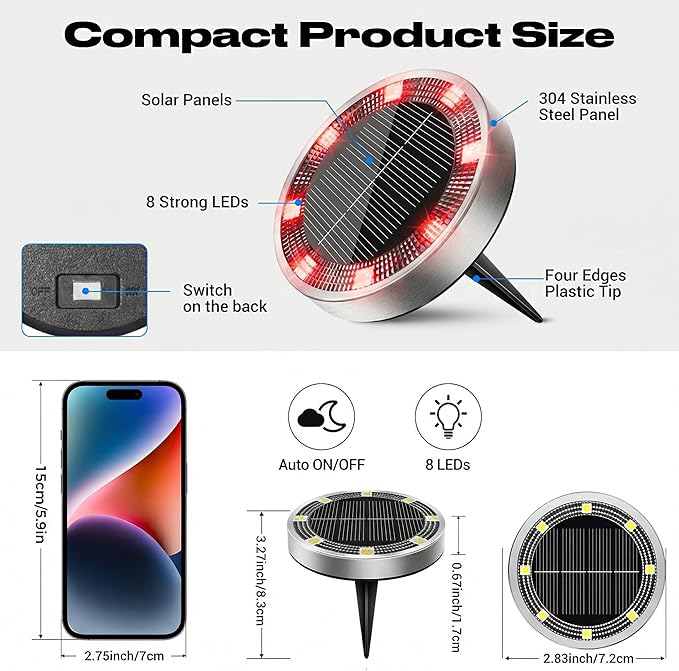 Peasur Mini Solar Ground Lights Outdoor, 4 Pack Flat Solar Powered Disc Lights, IP68 Waterproof, Anti-Rust, Landscape Lighting for Pathway Garden Yard Lawn Walkway Landscape Driveway, Red