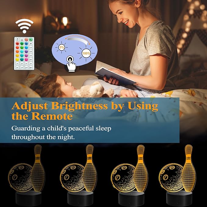 Bowling Night Light, Bowling Gifts, 3D Night Light with Remote Control, 16 RGB Colors, 4 Flashing Modes, Timer, Bowling Room Decor