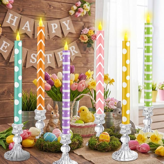Honoson 6 Pcs Easter Flameless Taper Candles 10.6 Inch Colorful Candles Battery Operated LED Candlesticks for Easter Dinner Table Home Party Decor
