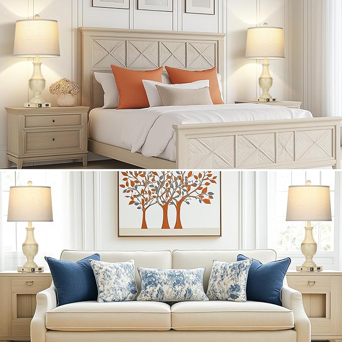 Farmhouse Vintage 3-Way Dimmable Table Lamp Set of 2 with USB A+C Charging Ports & AC Outlet, Rustic Mid Century Antique Traditional Bedside Lamps for Living Room Bedrooms Nightstand End Table White