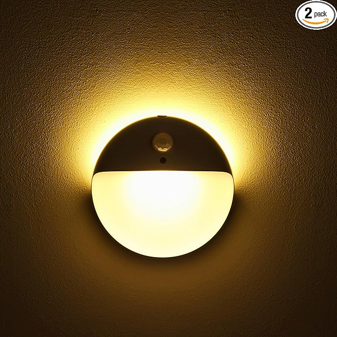 2 Pack Motion Sensor Night Light, Gold Yellow, 3 Lighting Modes, Stepless Dimming, Battery-Powered, Dimmable LED, Suitable for Bedroom, Bathroom, Stairs, Corridors, Closets