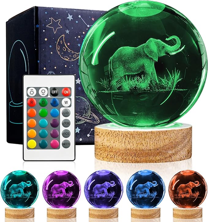 3D Elephant Crystal Ball Night Light With 16 Color Wooden Base, Upgraded 3.15 Inch Glass Ball Lamp With Remote for Birthday Holiday Xmas, Cool Toy Decor Gifts for Boys Girls Kids