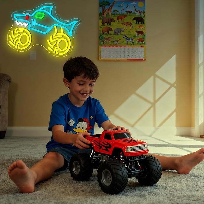 Monster Truck Neon Sign for Wall Decor Monster Truck LED Neon Light for Teen Boy Room Bedroom Playroom Living Room Bar Party Garage Man Cave Decor Birthday Gifts Dimmable Size 13.7 * 10.1 In(TWP324)