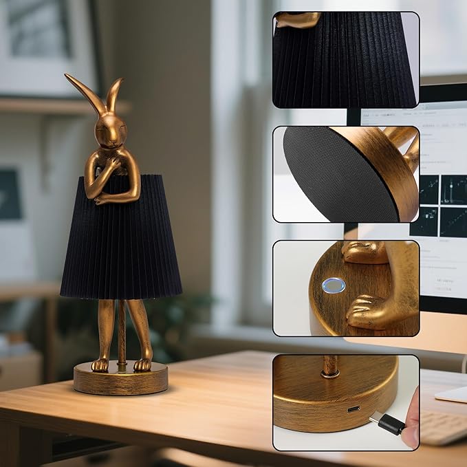 Bunny Rabbit Cordless Table Lamp – 5000mAh Rechargeable Battery Powered LED Night Light Cute Vintage Animal Desk Bedside Lamp with Linen Shade for Kids Room Nursery Home Decor Gift (Black)