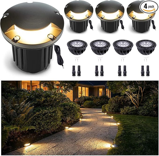 Gardenreet Outdoor Low Voltage Well Lights - Brass Low Voltage 12V Replaceable Bulb In-Ground Lighting, LED Turret Top Fixture, Antique Bronze for Patio Backyard House with 2700K Warm White MR16 Bulb
