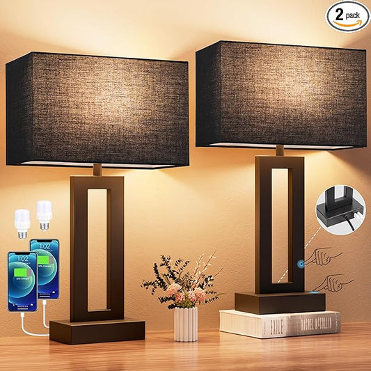 Seealle Nightstand Table Lamps for Bedrooms Set of 2 - Touch Bedside Lamp with USB C+A, 3 Way Dimmable Living Room End Tables 2, Modern Night Stand Bed Side Guest Room(Black) E. Black