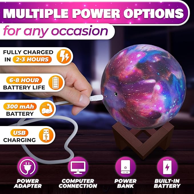 LED Galaxy Lamp 5.9" - 16 Colors, 4 Modes Mesmerizing 3D Moon Lamp with Touch & Remote Control, Wooden Stand, USB Charging - Printed Moon Night Light with Realistic Design | Party in The Dark Decor