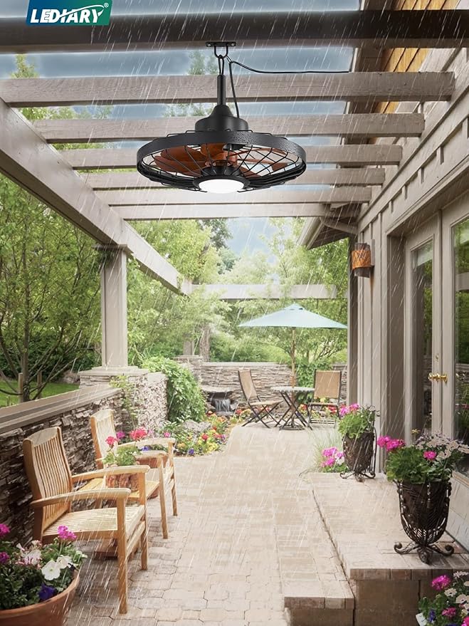 LEDIARY 20" Outdoor Ceiling Fan with Lights,IP65 Waterproof Gazebo Hanging Fan with Remote Control Smart App, Plug in Caged Ceiling Fan with 3CCT 6-Speeds for Patio Porch Pergola(Walnut)