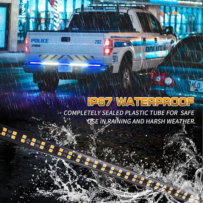 XRIDONSEN 60 inch Blue White Emergency Lights Strip 360 LED Truck Tailgate Rear Window Police Firefighter Lights Strobe Flashing Warning Hazard Safety First Responder for Vehicles Pickup Trucks
