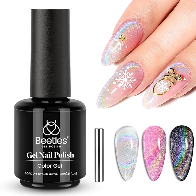 Beetles Prismatic Christmas Cat Eye Gel Nail Polish - 15ML Christmas Silver Glitter Rainbow Cat Eye Gel Polish with Magnet Soak Off UV Velvet Nail Polish Salon DIY Manicure Winter Gift for Women