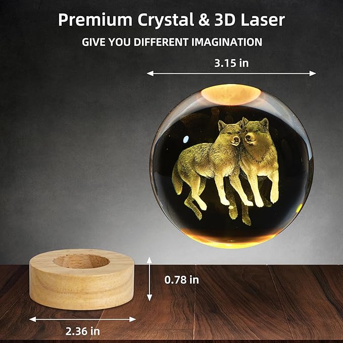 3D Wolf Crystal Ball Night Light - 3.15 Inch Glass Lamp With 16 Color LED Wooden Base, Statue Decor for Birthday, Holiday, Christmas Gifts
