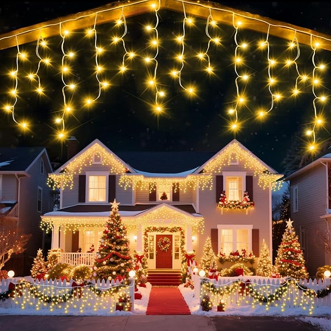 98 Ft Ice Lights for Outside, 1216 LED Christmas Lights Outdoor Plug in, Christmas String Lights with 8 Modes & Timer for Holiday, Party, Wedding, House, Patio, Outdoor Decor(Warm White)