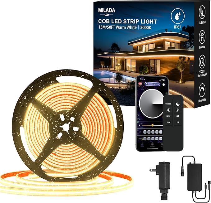 50FT COB LED Strip Light Outdoor Waterproof,15M Warm White 3000K Led Strip Lights Flexible 24V Remote & App Control Dimmable Led Tap Lighting for Room Bathroom,Kitchen ,Patio Garden ,Cabinet Shelf