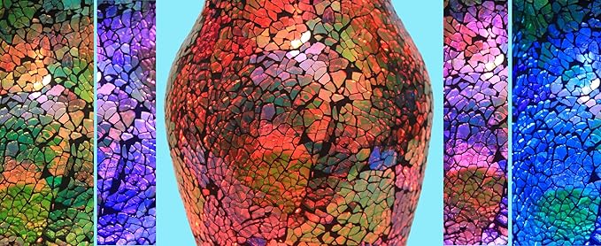 8-Inch Handcrafted Mosaic Cracked-Ice Vase Bedside Lamp with USB-Powered LED Wooden Base,Single-Switch Auto-Cycle RGB Mood Light, Purple-Green Vase USB Night Light for Party,Camping Decor