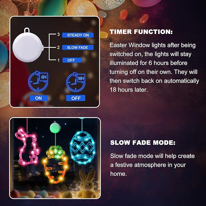 3Pack Easter Window Lights Decorations with Timer, Battery Powered Hanging Pink Orange Green Blue Lighted Bunny Carrot Egg Shaped Sucker LED Lamp for 2026 Holiday Indoor Home Decor