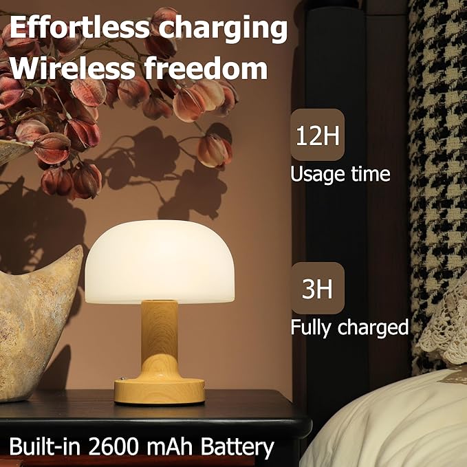 Small Mushroom Table Lamp, Cordless Night Light with 2600mAh Rechargeable Battery, Stepless Dimming Desk Lamp with 3 Colors for Bedroom/Patio/Living Room (Wooden-1)