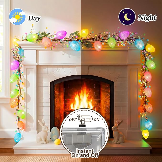 Enhon 6ft Easter Garland with Light, 15 LED Easter Egg Decoration, Spring Decorative for Mantle, Table Centerpieces, Stair Railing, Doorway, Windowsills, Front Door Décor & Party